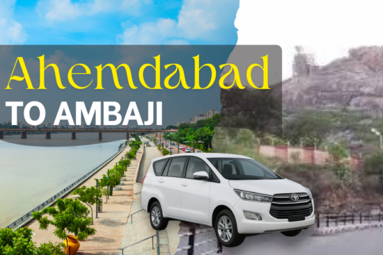 Ahmedabad to Ambaji by car – white Innova taxi on Ahmedabad riverfront road blending with Ambaji Temple mountain background, representing cab and travel service.