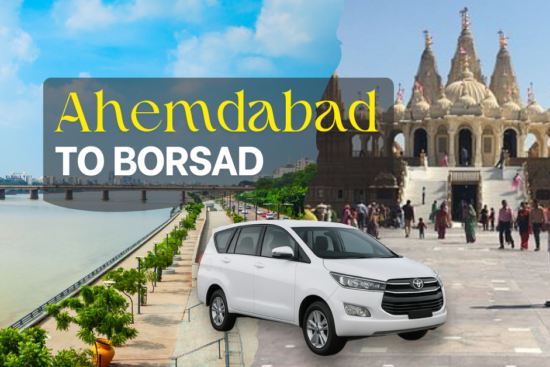 Ahmedabad to Borsad cab service with Innova car, city riverfront view and Borsad temple background – Sai Travels.