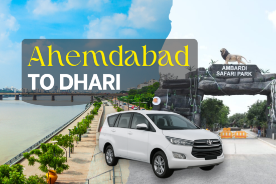 Ahmedabad to Dhari cab service featuring Sabarmati Riverfront, Ambardi Safari Park entrance, and a white Toyota Innova for outstation travel.
