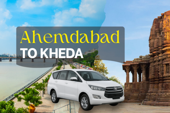 Ahmedabad to Kheda cab service image featuring the Sabarmati Riverfront, Kheda temple view, and a white Innova car for taxi booking.