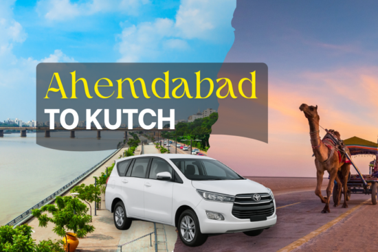 Ahmedabad to Kutch cab service image showing Sabarmati Riverfront, White Desert of Kutch, and a taxi for travel.