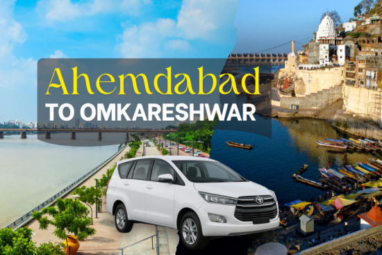 Ahmedabad to Omkareshwar cab service – scenic route image with Sabarmati Riverfront, Omkareshwar temple view and outstation taxi.