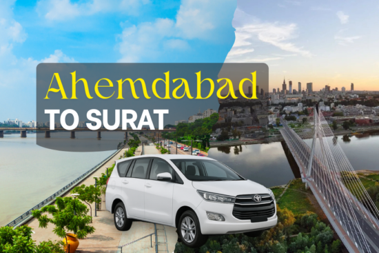 Ahemdabad to Surat taxi service with comfortable Innova car showing city views of Ahmedabad and Surat