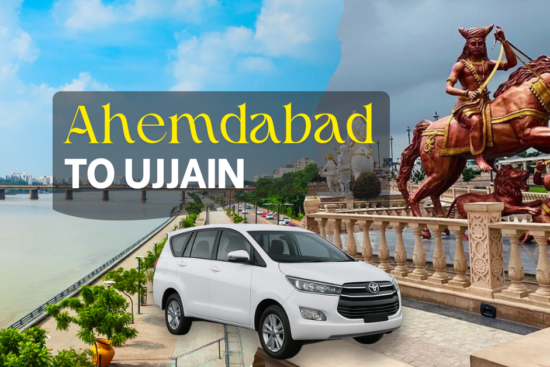 Ahmedabad to Ujjain cab service – Riverfront view of Ahmedabad, Ujjain statue landmark, and a white Innova car for outstation taxi travel.