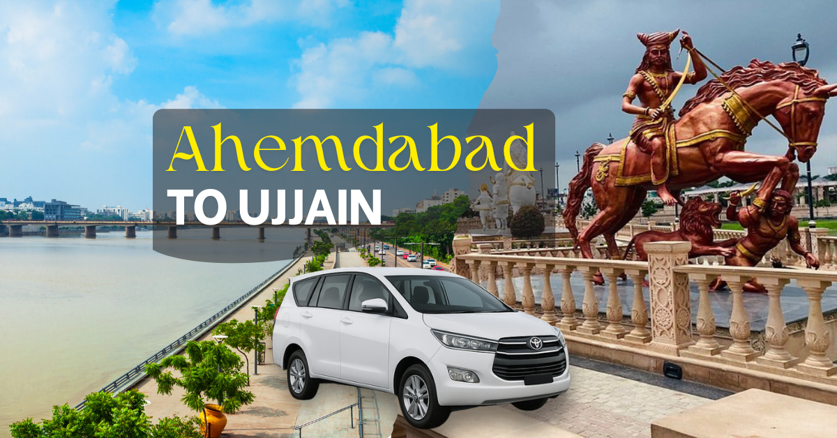 Ahmedabad to Ujjain cab service – Riverfront view of Ahmedabad, Ujjain statue landmark, and a white Innova car for outstation taxi travel.