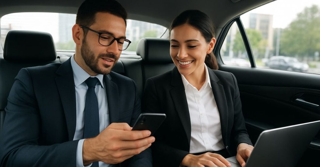 Corporate Car Rental Ahmedabad service with business executives traveling together in a chauffeur-driven car.