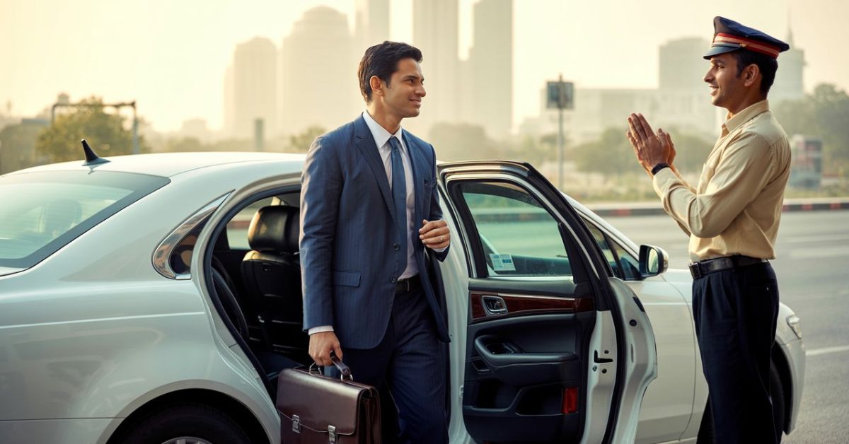 Corporate employee getting out of a chauffeur-driven car, showing the rise of corporate car rental services in Ahmedabad.