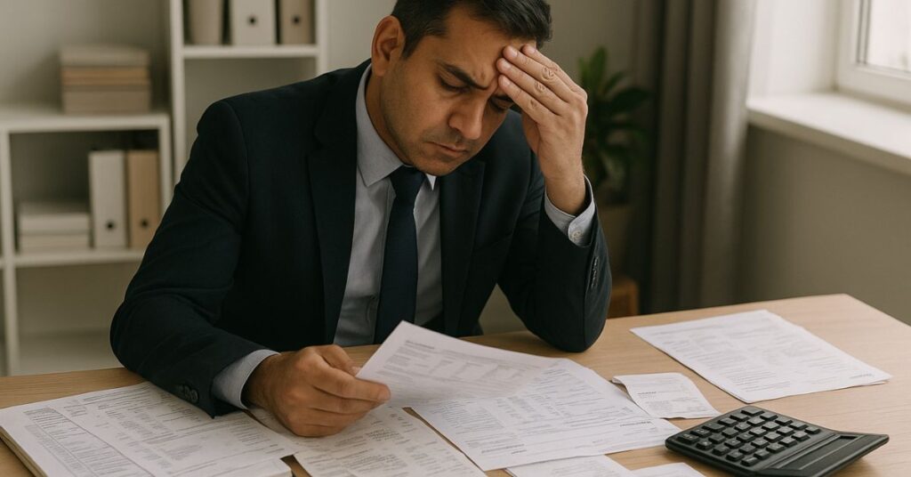 Accountant analyzing complicated travel bills showing corporate taxi expense issues in Ahmedabad companies.