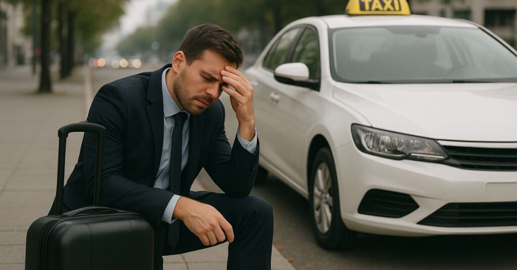 Corporate employee frustrated due to a cancelled taxi during office commute in Ahmedabad.