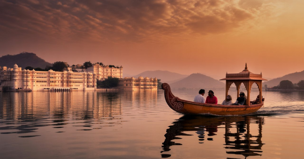 Lake Pichola boat ride in Udaipur during Ahmedabad to Udaipur by taxi tour