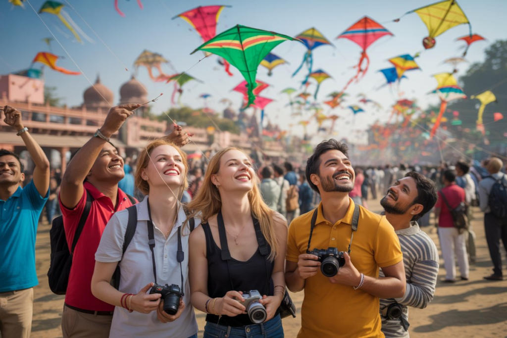 International tourists enjoying Ahmedabad International Kite Festival